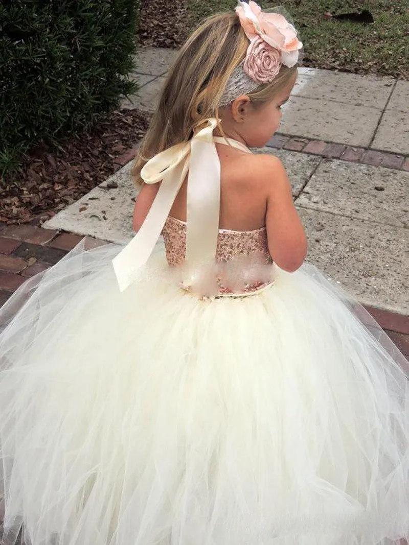 2018 Bling Bling Rose Gold Sequin Flower Girl Dresses Cute Ivory Halter Floor Length Ball Gown Cheap Little Girls Pageant Dresses