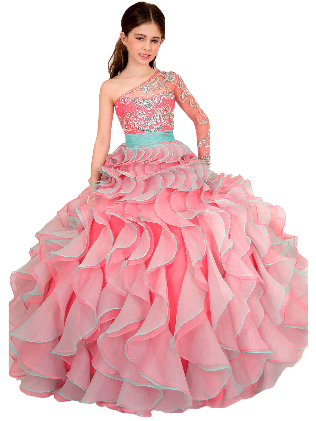 Rosa de Um Ombro Criança Dance Party Vestidos de Baile de Cristal Flor Meninas Organza Uma Linha Vestido Crianças Ruffles Pageant Vestidos