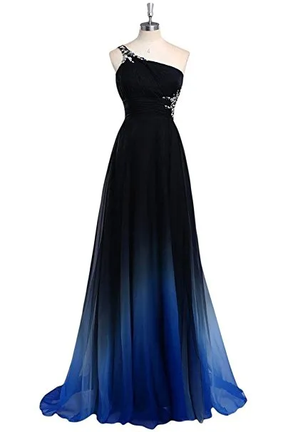 2017 New Gradient Chiffon Prom Dresses One Shoulder A Line Floor-Length Party Dress Floor-Length Evening Formal Long Party Gown QC437