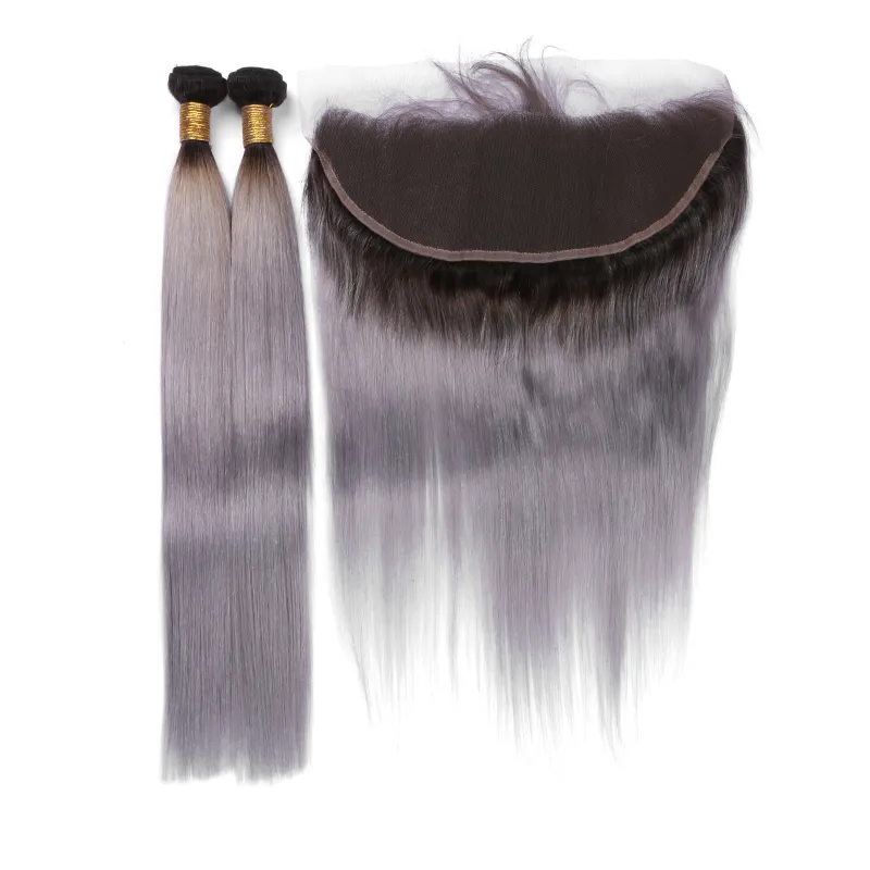 Brasiliansk silvergrå ombre mänskligt hår wefts med frontal 9a kroppsvåg # 1b / grå två ton ombre 13x4 spets frontal stängning med 3bundles