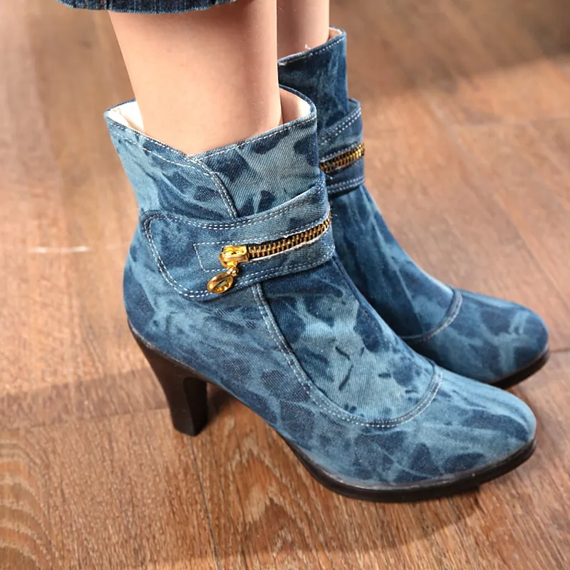 Womens Denim Ankle Boots Pointy Toe 