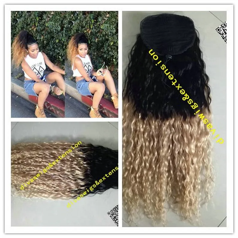 Custom Ombre Blond 1B / 27 Ponytail Virgin Brasiliansk Kinky Curly Human Hair Ombre Ponytail Clip In Blonde Hair Extensions