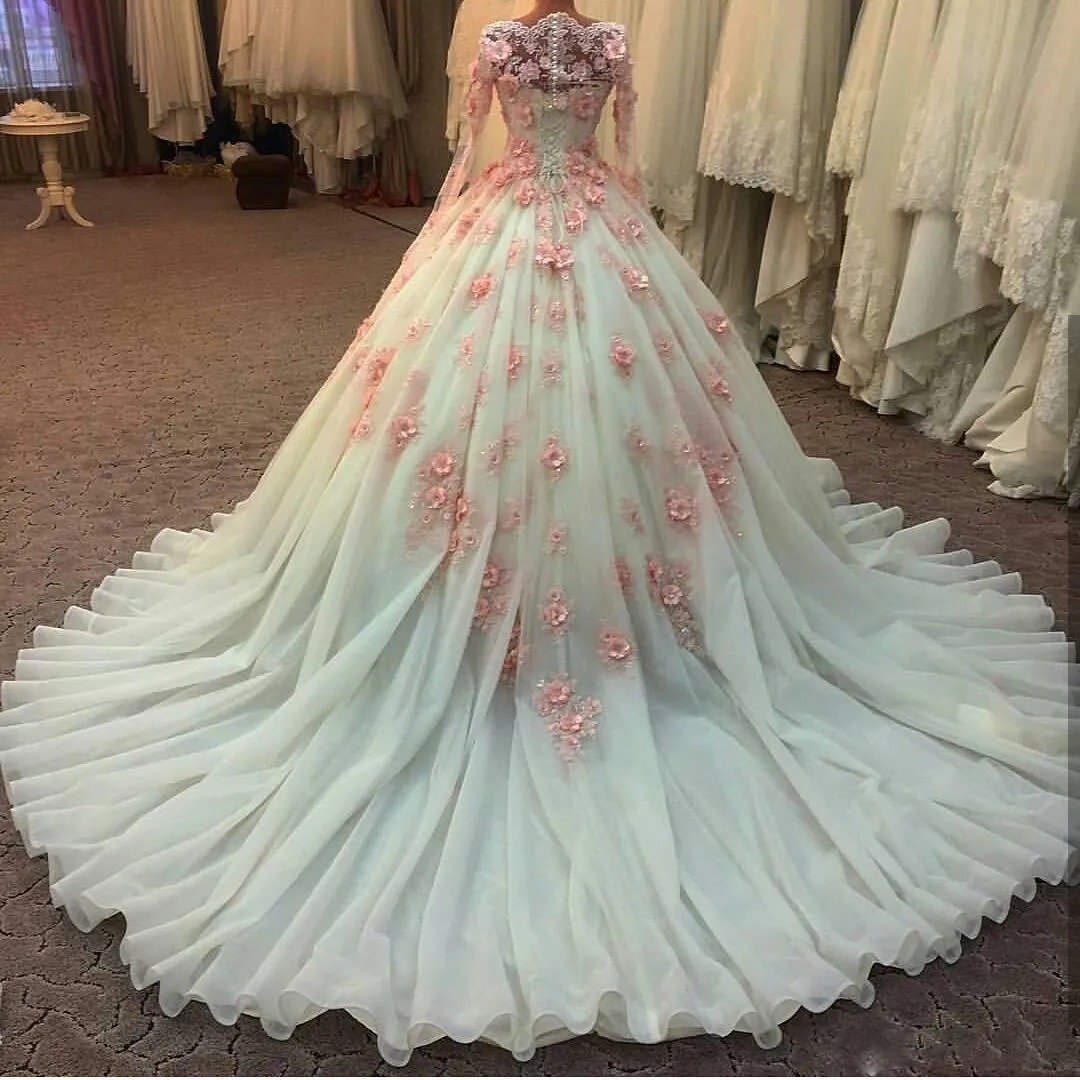 Muslimische Brautkleider für den Nahen Osten, 3D-Blumenapplikationen, Perlenspitze, Brautkleider, Illusion, lange Ärmel, Hochzeit, Vestidos, nach Maß