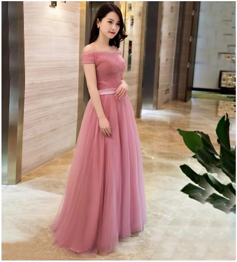 Dusty Pink Cheap Bridesmaid Dresses Long Off The Shoulder Pleated Tulle In Stock Bridesmaid Gowns Under 100 Wedding Party Dress5289792