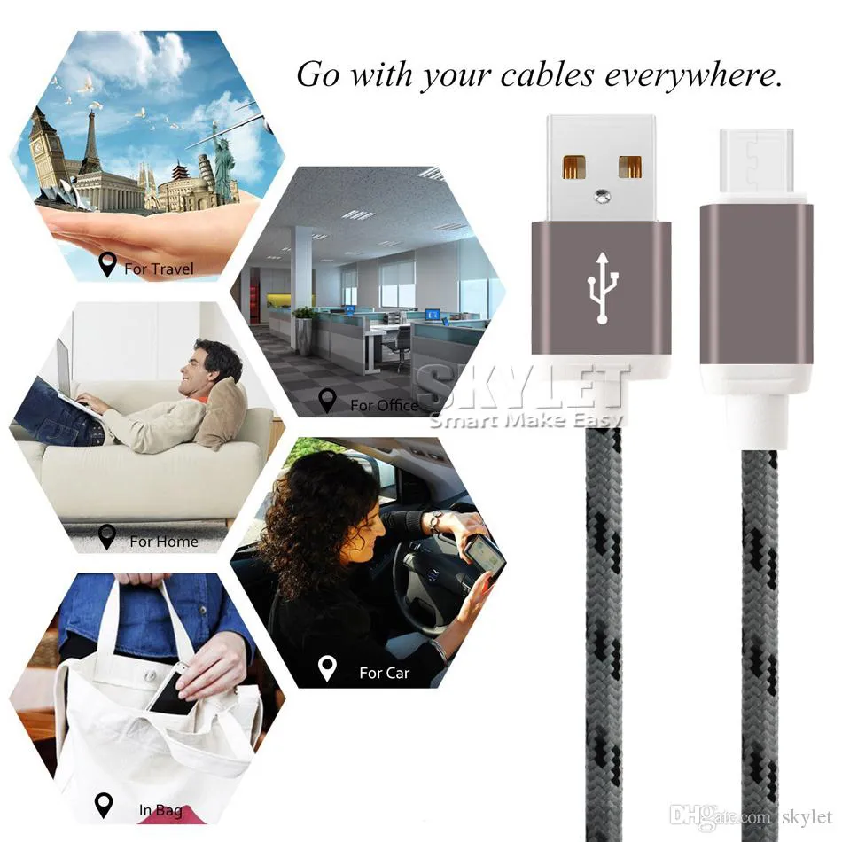 Nylon flätade USB -laddningssladdar 1m 2m 3m USB C Typ C MIRCO V8 Kablar Färgglada 56K Ohm Motståndskabel för iPhone Android -mobiltelefoner utan paket