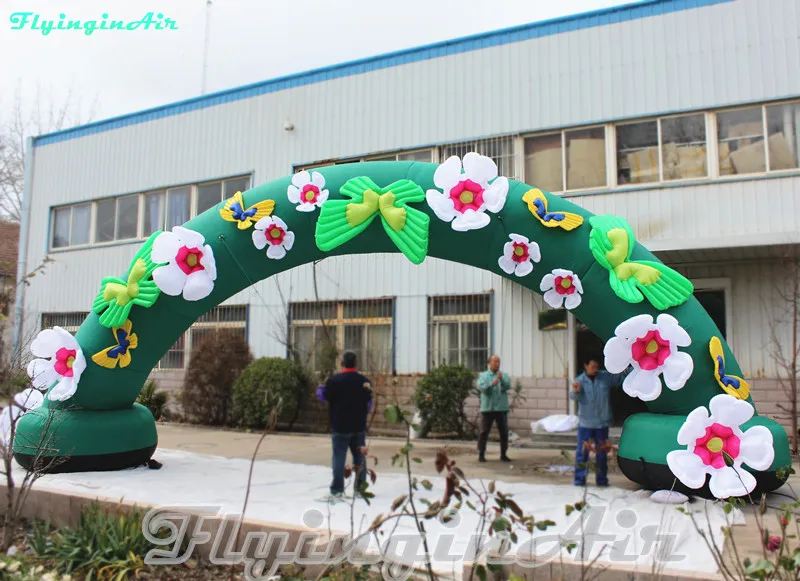 Lovely 10m Flower Arch Inflatable Flower Vine Archway Green Curved Arched Door with Butterflies for Plant Event