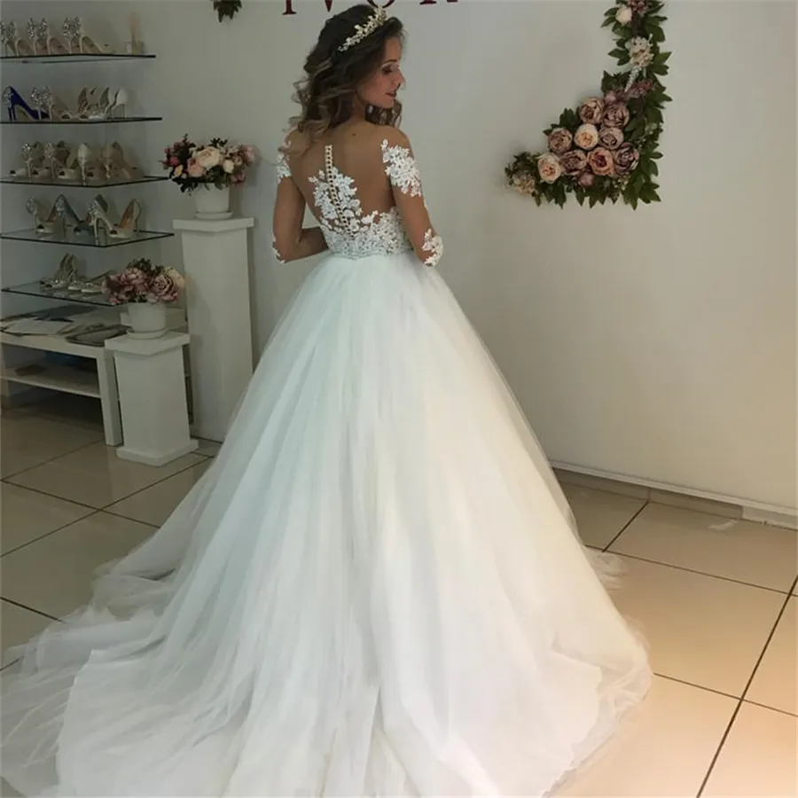 Elegant Lace Appliques Long Sleeves Wedding Dresses Ball Gowns See Through White Tulle Bridal Dress vestidos de novias267G