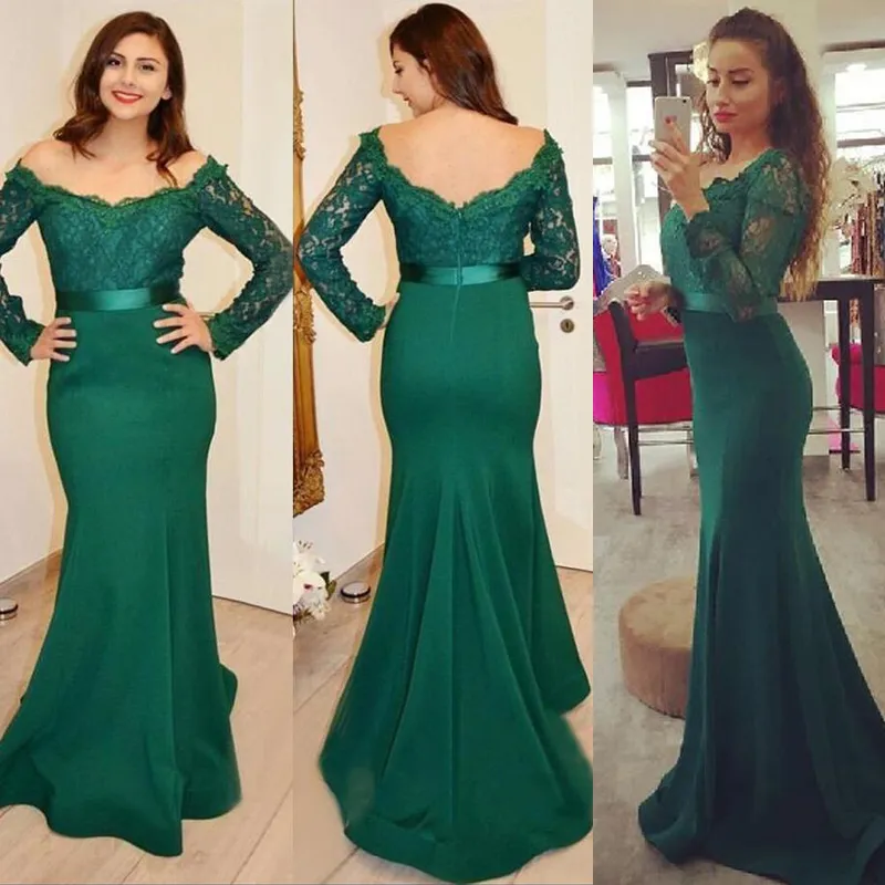 Blygsam teal grön formell kväll klänningar av axel illusion spets långärmad vestidos Festa Mermaid prom klänningar med sash