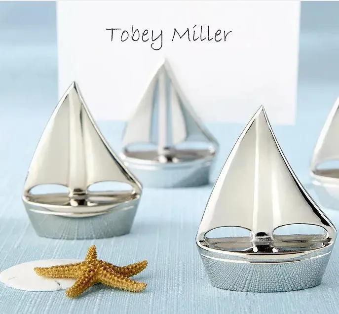 Silver Sailboat Place Card Holders with matching card For Beach Wedding and Party decorations