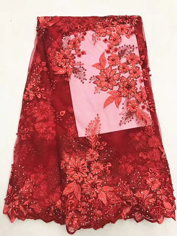 5 Y / шт. Горячие продажи красная вышивка французский чистая кружевная ткань со стразами и бисером цветок африканская сетка кружева для платья LJ28-7