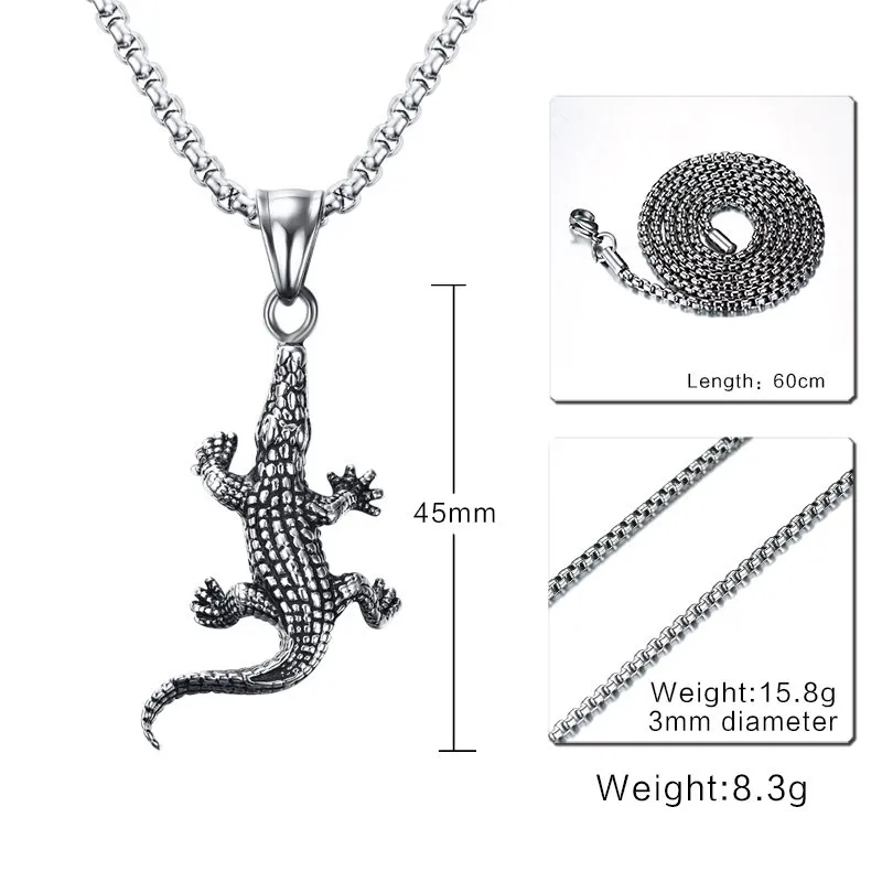 Män cykel halsband rostfritt stål krokodil charm alligator hängsmycke halsband för män mode djur smycken silver