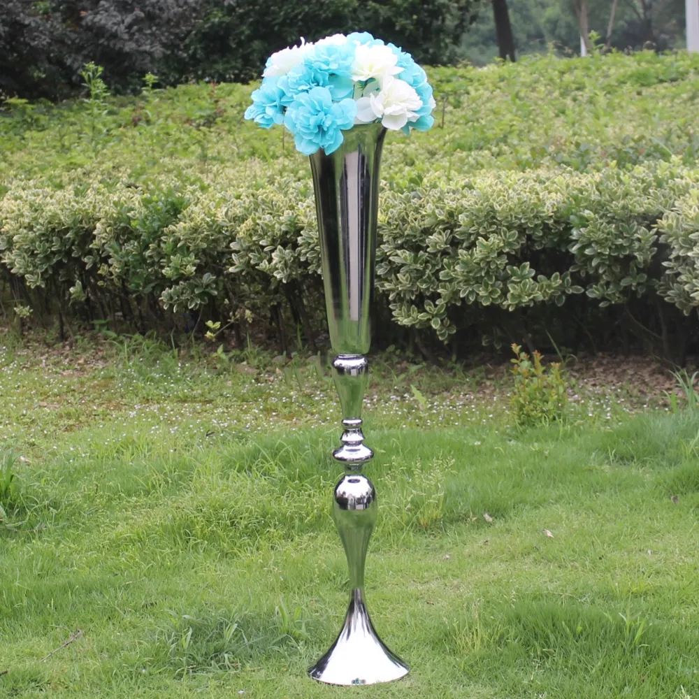 Bougeoir en métal argenté/or de 88cm de hauteur, support de bougie, pièce maîtresse de mariage, vase à fleurs en plomb de route, 12 pièces