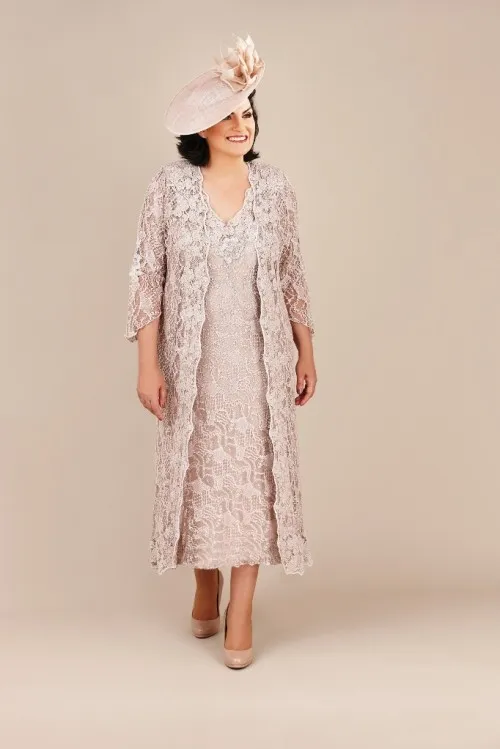 Plus Size Mother Of The Bride Dresses With Long Jacket Lace Knee Length Long Sleeve Ann Balon Mother Of The Bride