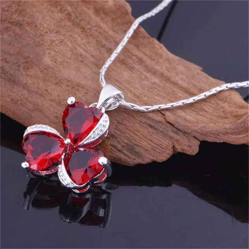 YHAMNI Luxury 100% 925 Sterling Silver Necklace New Fashion Jewelry Red Heart Crystal Clover Pendant Necklace For Women N880