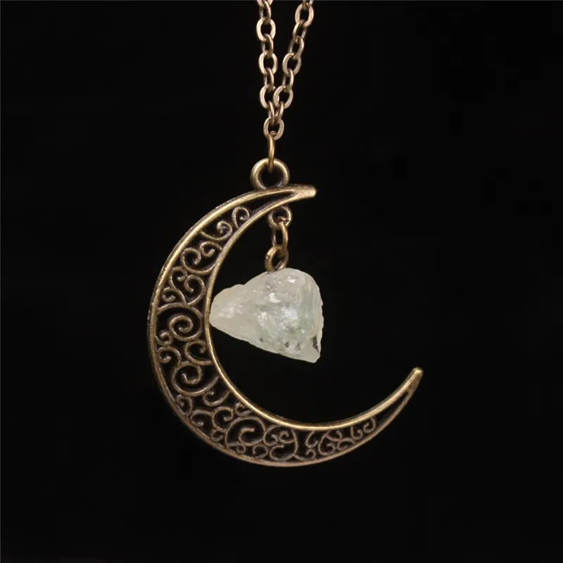 Crescent Half Moon Wisiorek Naszyjnik Kamień Naturalny Prehnite Amethyst Crystal Healing Reiki Gemstone Antique Brąz Naszyjnik Bogini Biżuteria