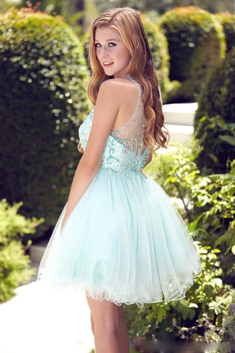 2017 Light Sky Blue Mini Short Homecoming Dresses Sheer Neck Crystals Beaded A Line Chiffon Cocktail Formal Teens Party Dress