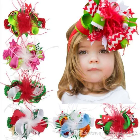 6-color Noel bebek kız cany renk büyük yay tüy bandı Tasarım Saç ilmek Çocuk Şapkalar Çocuk Bebek Noel Günü Saç Aksesuarı