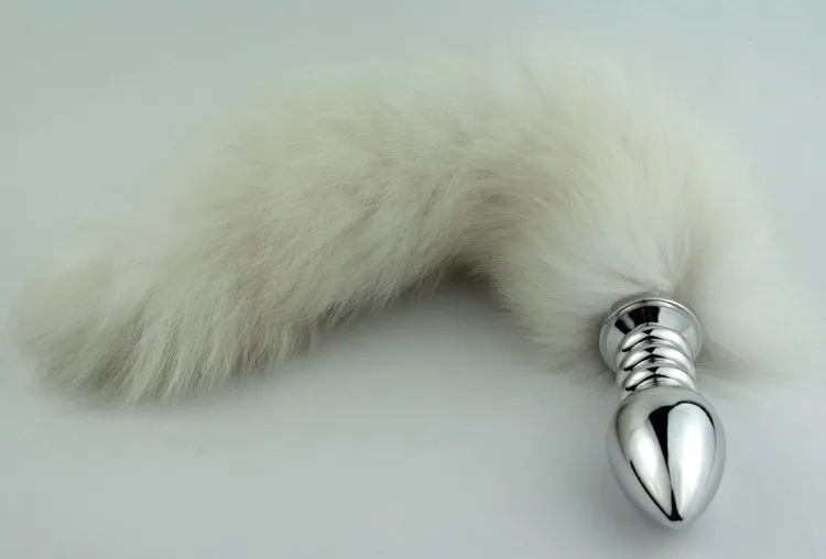 Penisringgürtel Edelstahl Silber Spirale Großer Analplug mit weißem Fuchsschwanz6104915