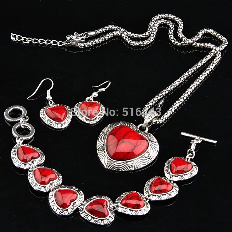 Mode Femme Pendentifs Vintage Antique Argent Coeur Naturel Rouge Turquoise Boucles D'oreilles Bracelet Collier Femmes Rétro Jewelry250I