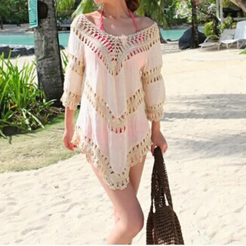Gros-2016 Summer Bohemian Lace Crochet Hollow Women Top Shirt Femmes Tropical Holiday Beach Cover Ups Wear Clothing