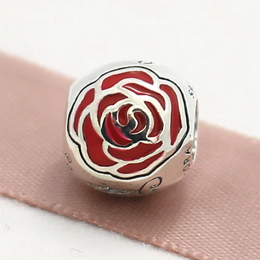 Ny 100% S925 Sterling Silver Belle's Enchanted Rose Charm Pärla med röd emalj passar europeiska pandora smycken armband207s