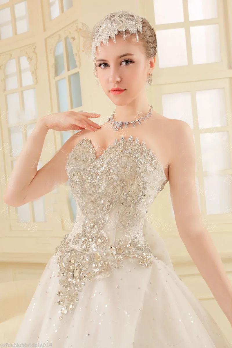 Sweetheart Luxury Wedding Dress Real Photo With Swarovski Crystal Ball Gown Lace Applique Court Train Tulle Diamond Bling Bridal Gown