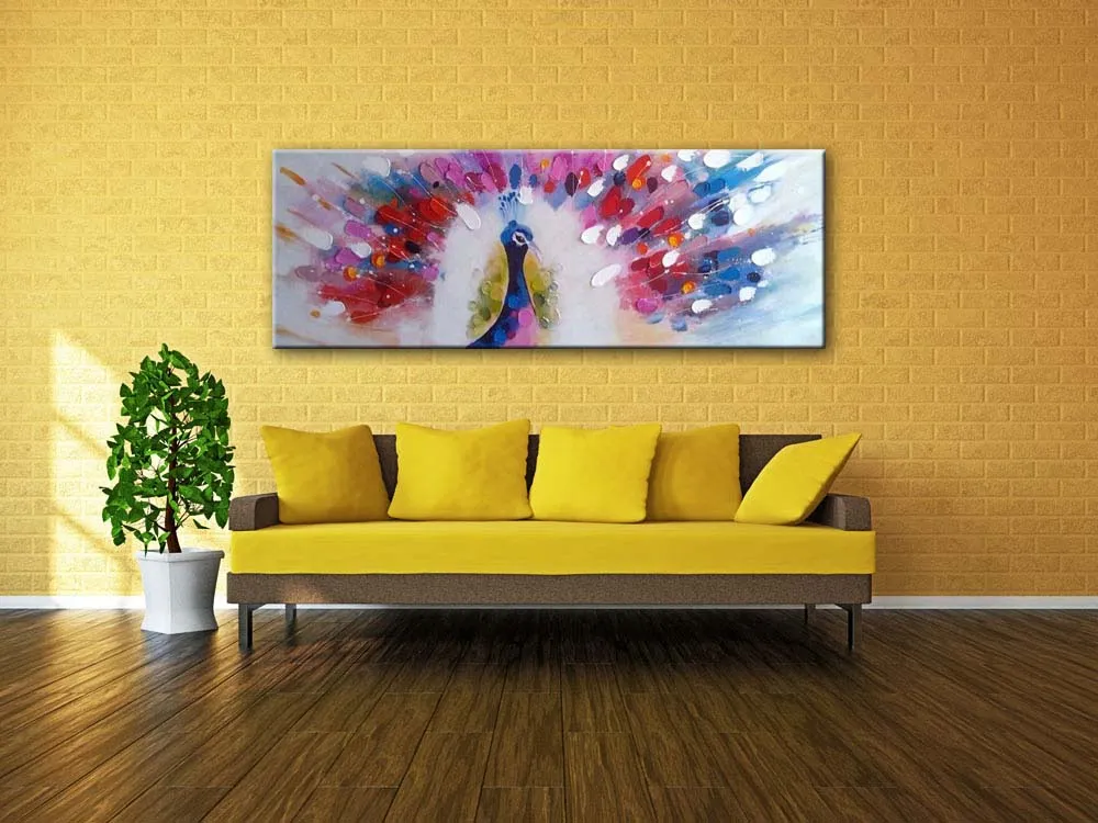 Colorful Peacock Spread Tail Picture Canvas Painting for Wall Decoration Handmade Animal Paints