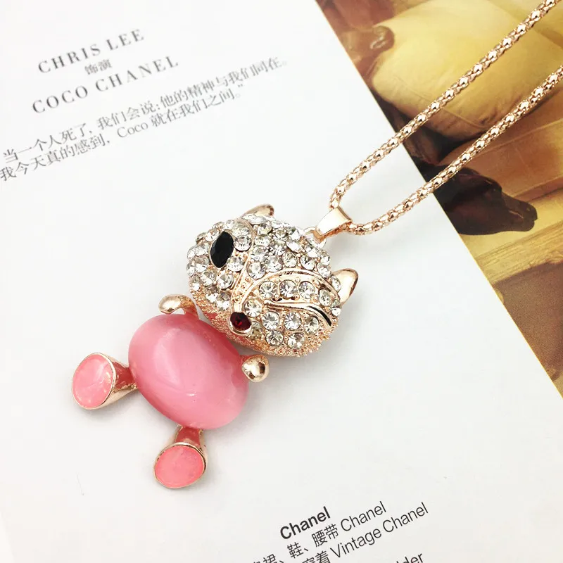 Hot Sweater Chain Stone Colares Pingentes Nova Jóias Rosa Flower Cross Cat Cat Eye Rhinestone Coruja Austríaca Cristal Moda Pingentes Colar