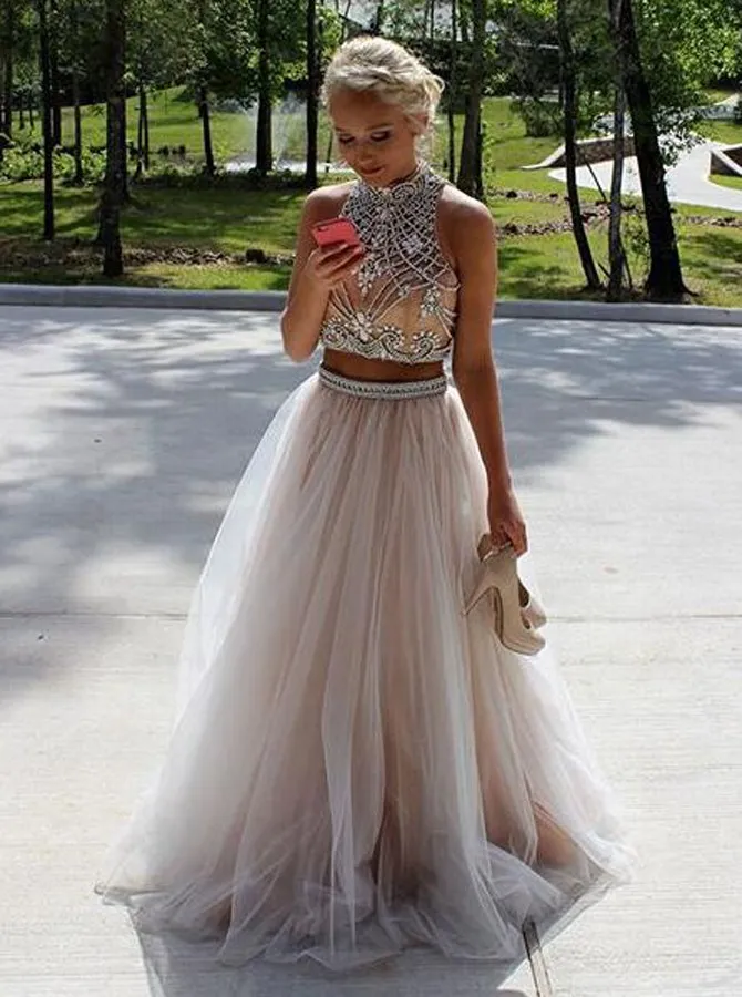 Champagne Ivory High Neck Tulle Two Piece Prom Dresses With