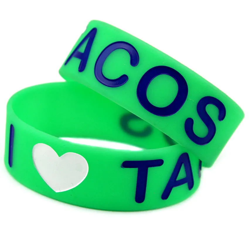 50pcs I Love Tacos Bracciale in gomma in silicone da 1 pollice Wide Advertisement Decoration Band regalo Band Adulto Dimensioni 3 colori