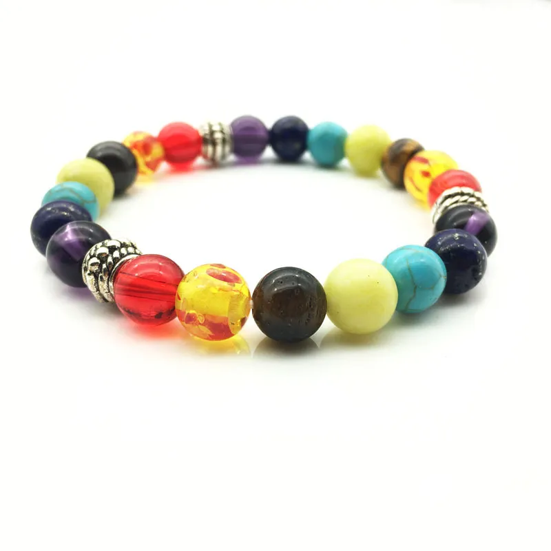 Women Men Healing Balance Colorful Beads Silver Plated Strands Bangle Jewelry Natural Stone Yoga Charm Bracelets