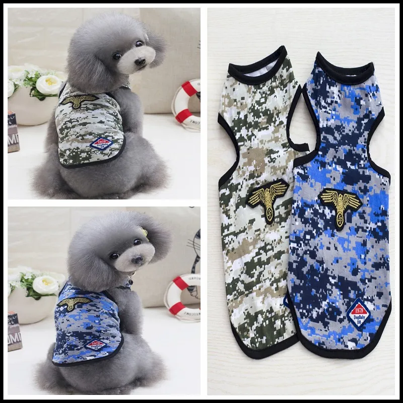 2018 nieuwe modeontwerp zomer huisdier camouflage uniform vesten hond jongen cool leger kleding kleding voor puppy groothandel