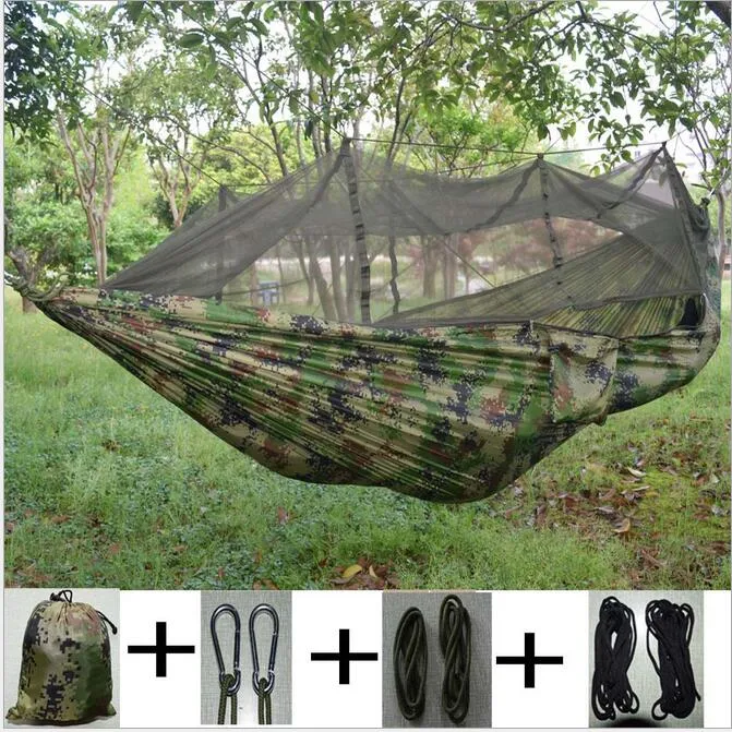 Portable Parachute Fabric Double person Camping camo Hammock Hanging Bed With Mosquito Net Sleeping Hammocks for Camping and Hiking