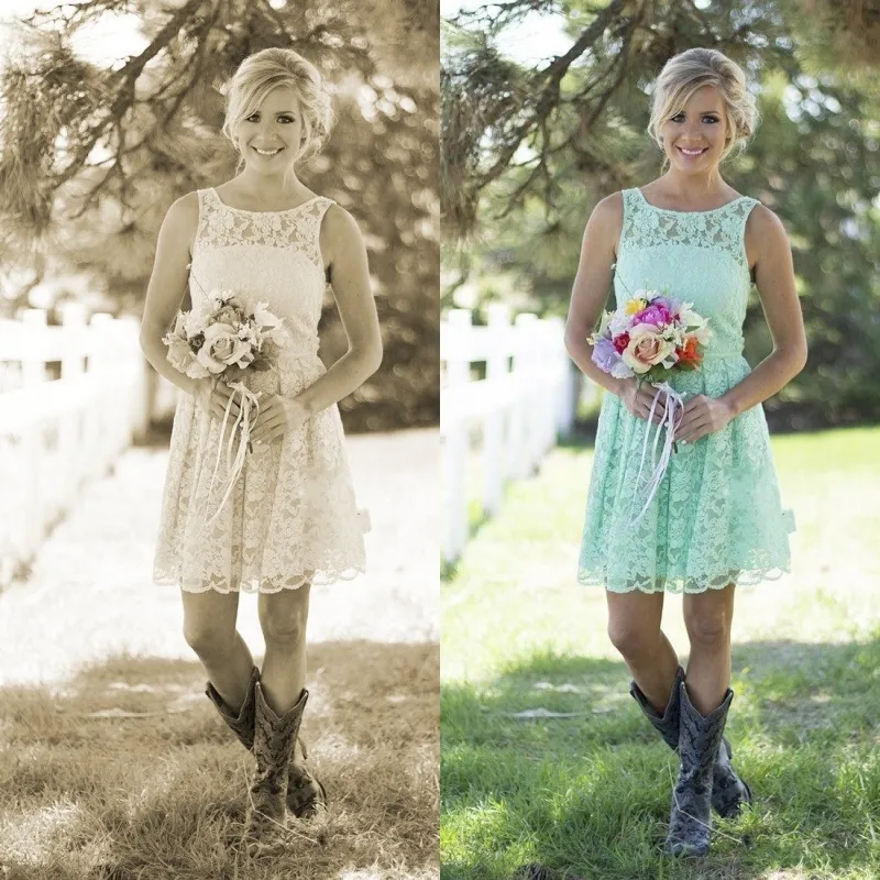 2019 Hortelã Verde Vestidos De Cocktail Country Style Vestido Formal De Renda Curta Para Júnior E Adulto Damas De Honra Da Colher Pescoço Vestidos de Festa