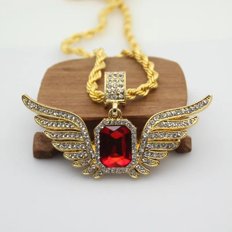 Hiphop engelenvleugels met grote rode ruby ​​hanger ketting voor mannen vrouwen iced out sieraden