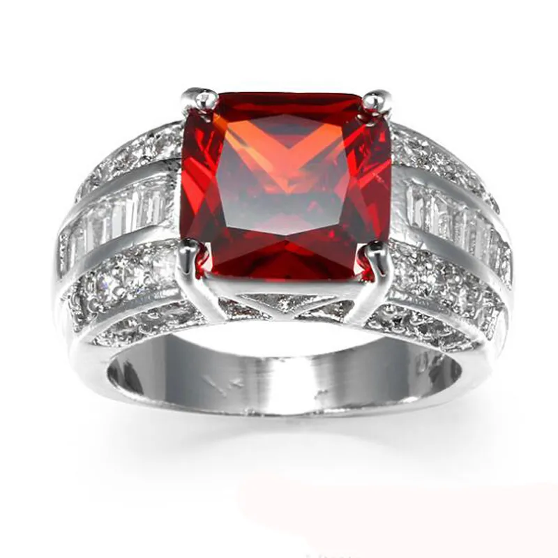 Luckyshine mulheres homens Wedding Rings Jóias Praça Garnet Ametista Zircon Prata Anéis Anéis de ouro chapeado