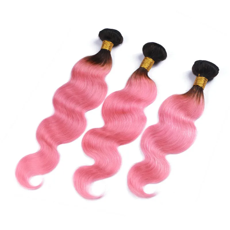 Capelli vergini brasiliani rosa ombre tesse onda del corpo 3 pezzi radice scura 1b / rosa 2 toni ombre fasci di capelli umani vergini remy corpo ondulato