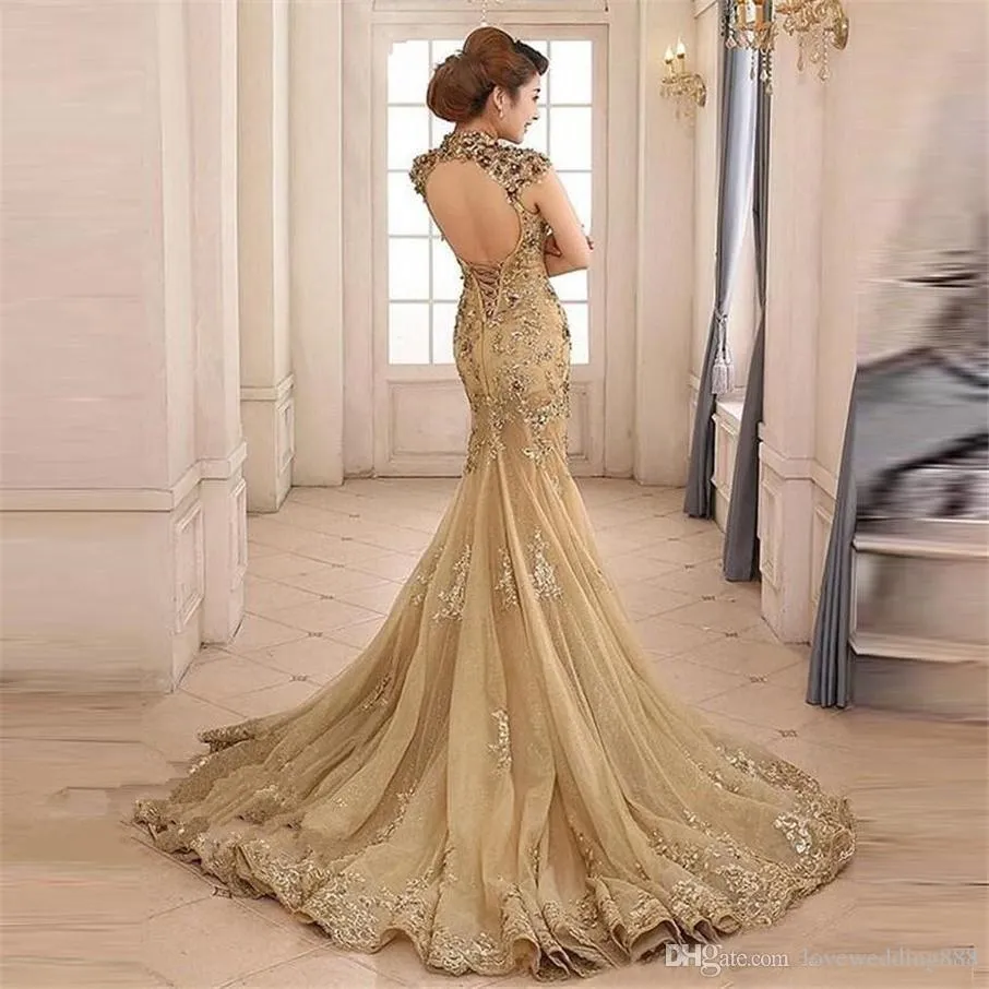 Vestidos de baile de renda com apliques de champanhe Vestidos de baile de colarinho de colarinho alto de colar