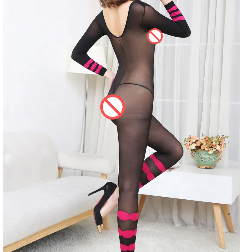 Teddies Seksi Uzun Kollu Bodystocking Çizgili Şeffaf Bodysuit Bodyswear Fetiş Külotlu Çorap Vücut Çorap Açık Crotch Nightie Gecelikler