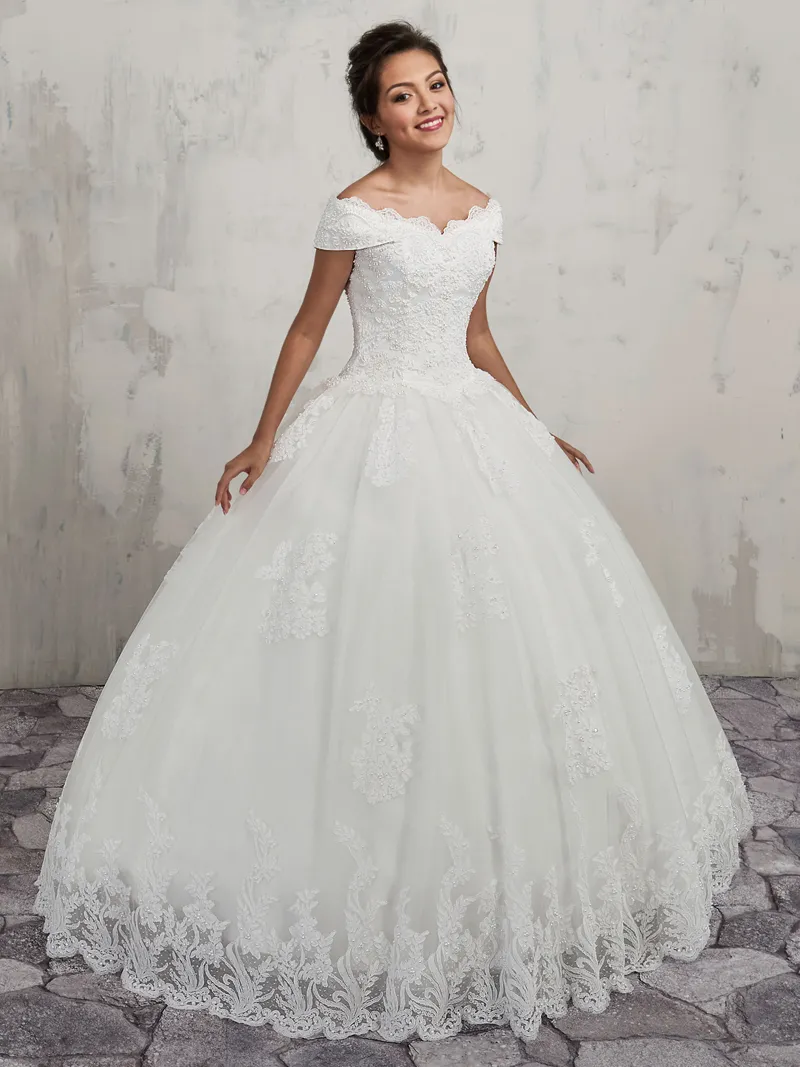 Vintage Lace Ball Gown Wedding Dresses Off Shoulder Lace-up Back Tulle ball and lace applique ball gown with bead embellished Bridal Gowns