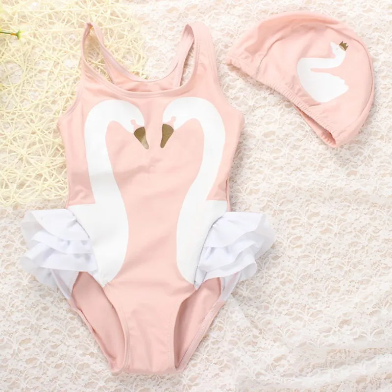 One-piece Kids Girls Baby Swimwear Black Swan Pink Flamingo Melon Parrot Swimsuit Bathing Cap Princess Dresses Clothing