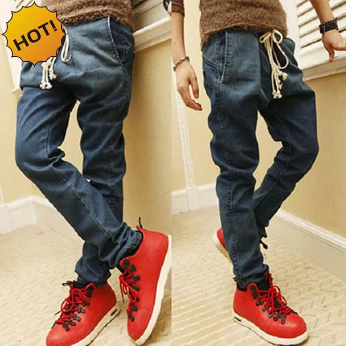 Wholesale-New HOT Large Crotch Drawstring Slim Fit Mens Leg Pants Teenagers Hip Hop Overalls Cargo Light Blue Harem Pants 28-34 Bottoms
