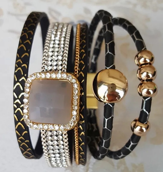 Nya pärla rhinestone magnetiska läderarmband Bangles Bohemian handgjorda multilayer wrap smycken kvinnor Present pulseira