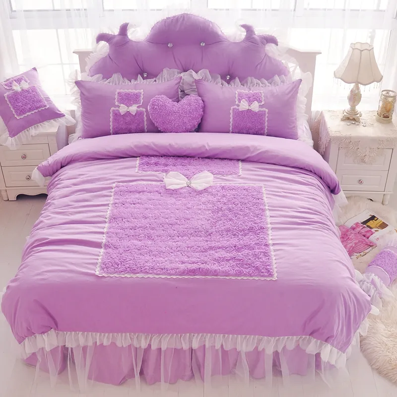 Set di biancheria da letto principessa coreana bianco 4 pezzi copriletto con volant in pizzo copripiumino fiore rosa regina gonna letto king size biancheria da letto in cotone casa3568546