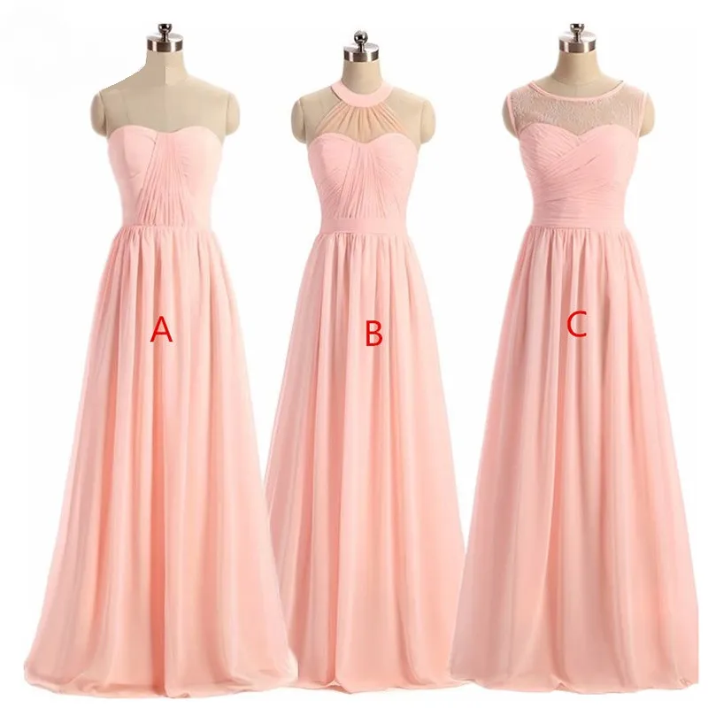 Neue Mode Hellrosa Chiffon Strand Brautjungfernkleider Verschiedene Stile A-Linie Neckholder Maßgeschneiderte Günstige Kleider