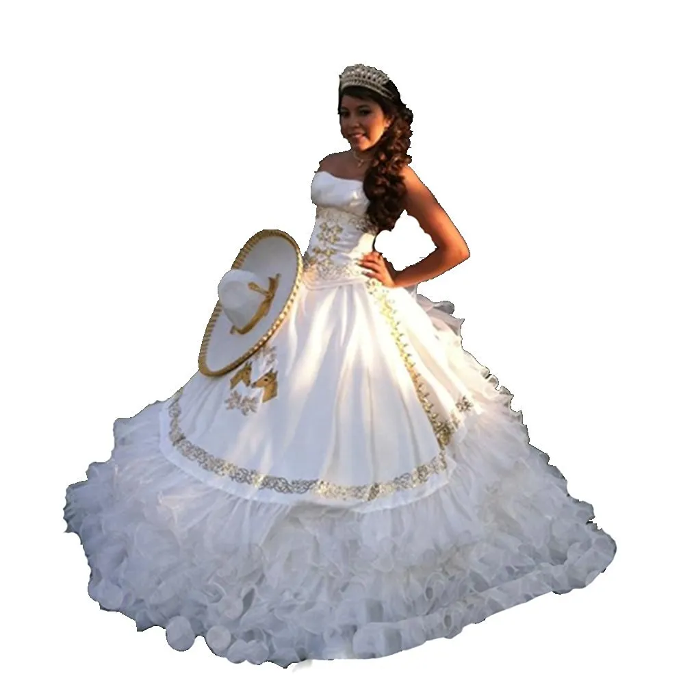 2021 Sexy White Gold Ball Suknia Quinceanera Suknie z Haft Zroszony Sweet 16 Dress Lace Up Floor Długość Vestido De Festa BM80