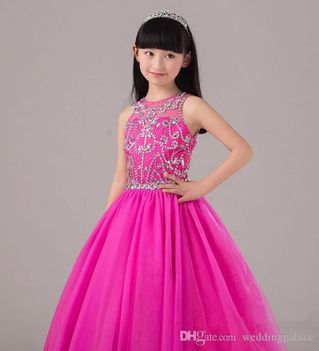 2017 Abito da ballo in rilievo Piccolo fiore ragazza Abiti Abiti da pagina Pageant Dress Buco della serratura Indietro Fuchsia Tulle Long Bambini Abito formale Abito formale su misura