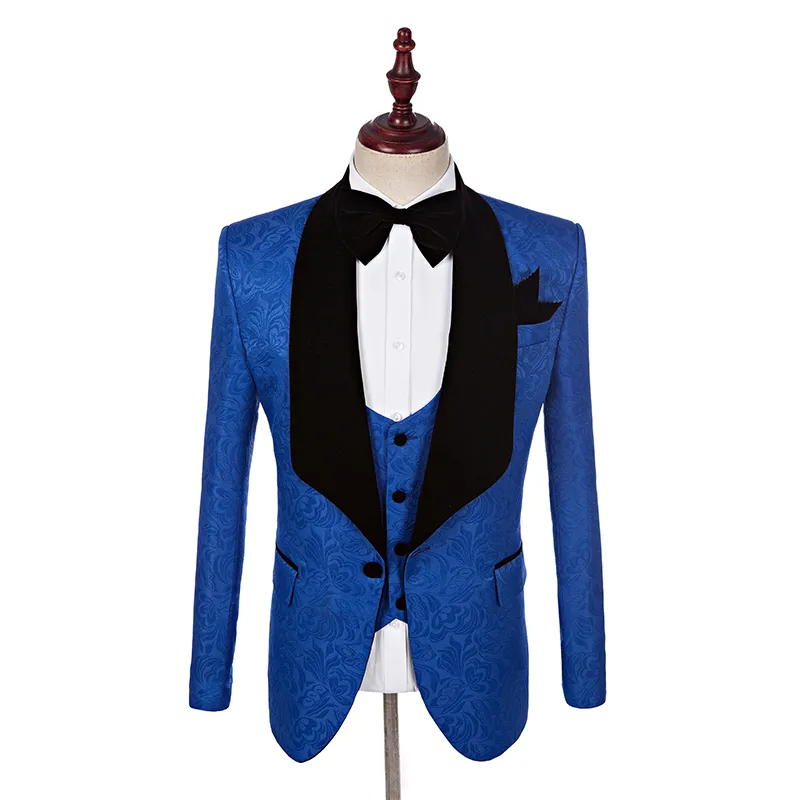 Custom Made GroomsMen Sjaal Revers Bruidegom Tuxedos One Button Mannen Past Bruiloft / Diner Beste Man Blazer (jas + Broek + Strikje + Vest) K663