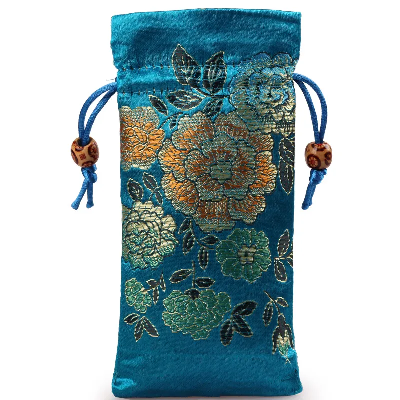 Bolsa de regalo de joyería de flor de peonía alargada, bolsa de brocado de seda, cuentas con cordón, collar, pulsera, peine de madera, baratija, bolsillo de almacenamiento, 8x16 cm