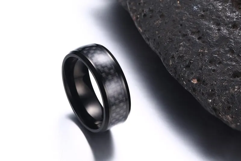 Meaeguet Trendy Men Jewelry Stainless Steel Rings Black Carbon Fiber Inlaid Engagement Wedding Men's Rings Fashion Band,8mm R-152